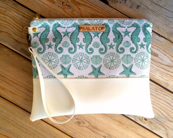 Winter Ocean Print Wristlet, Sea Life Wristlet, Seahorse, Starfish, Sea turtle, Wristlet, Vegan Leather