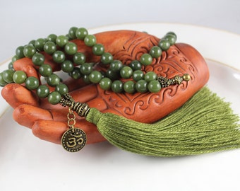 Natural Green Jade Mala, Gemstone Mala, Tassel Necklace, Jade Mala, Prayer Beads, Mala Beads, Knotted Mala, Tassel Mala, Tassel Necklace