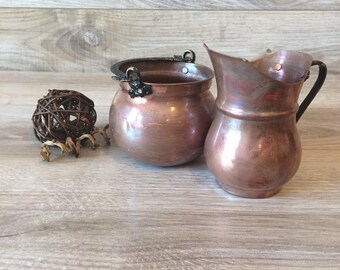 Vintage Copper Creamer and Sugar Bowl - Made in Turkey / Copper Tea Set - Coffee Set / Copper Kitchen, Black Metal Handle / Turkish Coffee