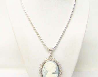 Elegant White Lady Cameo w/Sky Blue Background Necklace/Broach