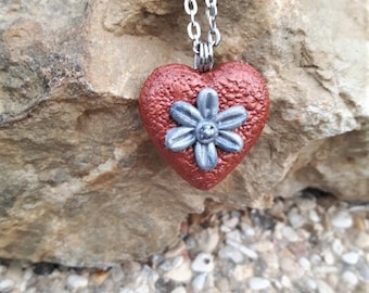 Heart Necklace copper with a Fimo flower.