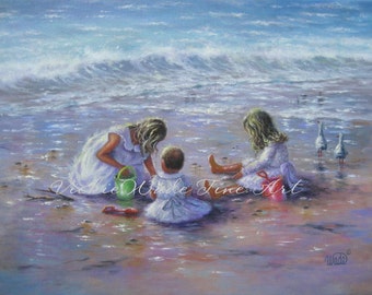 Three Beach Girls Art Print, beach children, three sisters, three blonde girls beach wall decor, Vickie Wade art