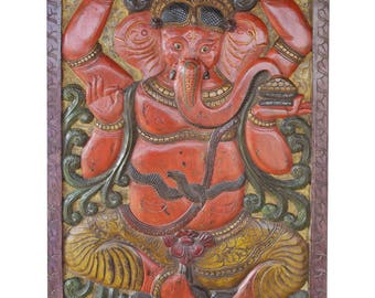 INDIAN Wall Art Vintage Hand Carved Kundalini Ganesha Handmade UNIQUE DOOR Panel Meditation Decor