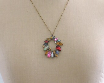 Vintage Inspired Necklace - Rhinestone Necklace - Colorful Necklace - Pendant Necklace - Vintage Brass Necklace - handmade jewelry
