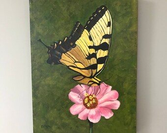 Yellow Butterfly on a Pink Zinnia