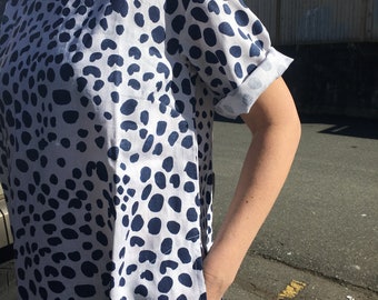 Dots Dots Dots - white on navy Linen Dress