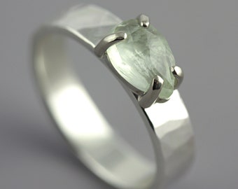 Hammered 14k White Gold Ring with Faceted Pear Shaped Prehnite - Green Stone Ring - Rose Cut Stone - Wide Simple Modern Ring - Made to Order