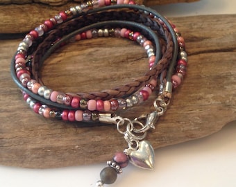 Spring Bracelet, Wrap Bracelet, Boho Wrap, Beaded Leather Wrap Bracelet, natural leather wrap, Pink and silver, Charm Bracelet, Gift for Her