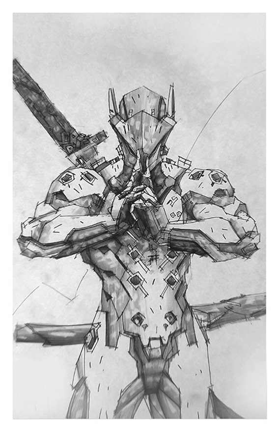 Genji Giclee print of pencil drawing of Offense character from