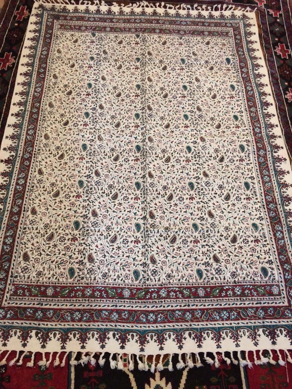 Rectangle green floral tablecloth, hand printed calico , wall decor, natural textile with tassels 39x55"