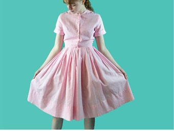 Vintage 50s Day Dress / Lillian Russe 50s Dress / Pink Cotton Gingham Check Shirtwaist Dress / Full Skirt Rockabilly Dress Vintage Dress S