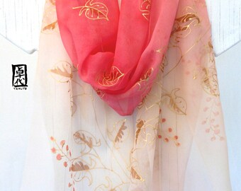 Hand Painted Silk Scarf, Silk Chiffon Scarf, Large Red Japan Scarf, Golden Swirly Vine with Red Berries Scarf, 14x72 inches. Made to order