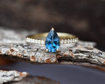 Tourmaline engagement ring-Yellow Gold Ring-Blue tourmaline ring-Anniversary present-Promised ring-Pear shape tourmaline-Unique ring-For her