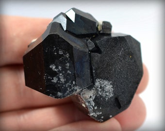 Super-Nice, LUSTROUS, Well-Terminated, Erongo Black Beauty Schorl Tourmaline Crystal, with Green-FLUORESCENT Hyalite Opal, from Namibia