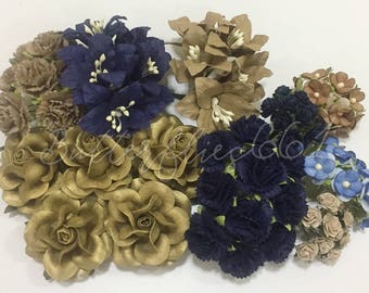 75 Mixed Sizes of Vintage modern tone Gold Taupe Blue Handmade Mulberry Paper Flowers