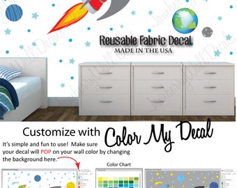 Rocket Decal, Space Wall Decal, Planet with Moon, Boys Wall Decal (Sk Rocket with Planets) SKR