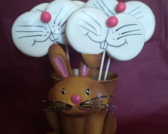 Cute Easter Bunny Face Decorated Sugar Cookie Pops (4 inch) -1 dozen
