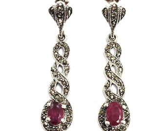 925 Sterling silver Art deco Natural Ruby and Swiss Marcasite drop Earrings