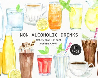 Watercolor non-alcoholic drinks clipart, water, juice, milk, fizzy drink, cola, milkshake, hot chocolate,garnish for instant download