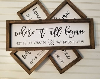 Coordinates Wood Sign, Latitude Longitude sign, Where It All Began Sign, Custom Wooden Signs, GPS Sign, Personalized Signs, 5th Anniversary