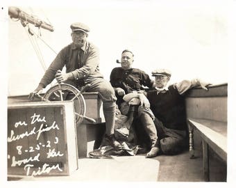 Vintage Snapshot "On The Swordfish" Man At The Helm Of A Sailboat Fishing Trip 1923 Found Vernacular Photo