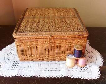 Antique Sewing Basket with Handmade Needle Holders, Wood and Sweet Grass Sewing Box with Assorted Notions