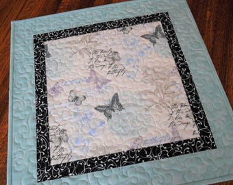 Butterfly Table Topper in Aqua Gray Lavender Black, Quilted Square Table Topper, Butterflies and Flowers, Square Table Runner, Candle Mat