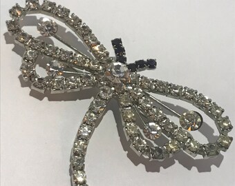 Old silver frame 1960's vintage jewelry rhinestone Dragonfly brooch