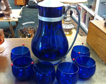 MacBeth-Evans Cobalt Blue1932 Hostess Pitcher Aluminum Handle/Lid & 6 Roly Polys