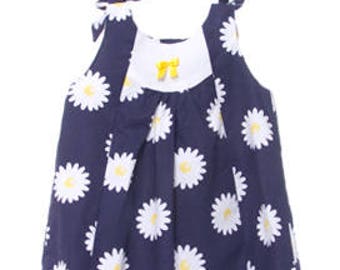 Baby girl summer dress in blue navy printed sunflowers with yellow bow