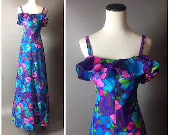 Vintage 60s dress / 1960s dress / vintage 70s dress / tropical dress / maxi dress / floral dress / party dress / 8517