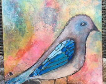 blue winged bird mixed media painting on cradled wood