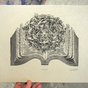 Page Turner (B&W) - Woodcut Print, Woodblock Print by Tugboat Printshop, Valerie Lueth