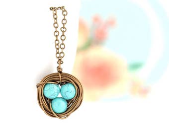 Mother Gift - Gift For Mom - Mothers Necklace - Turquoise Bird Nest Necklace - Family Jewelry - Gift For Mother - Woodland Necklace