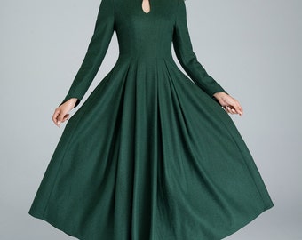 green wool dress, elegant dress,prom dress, party dress, maxi dress, retro dress, mandarin collar dress, ladies dresses, fitted waist 1621