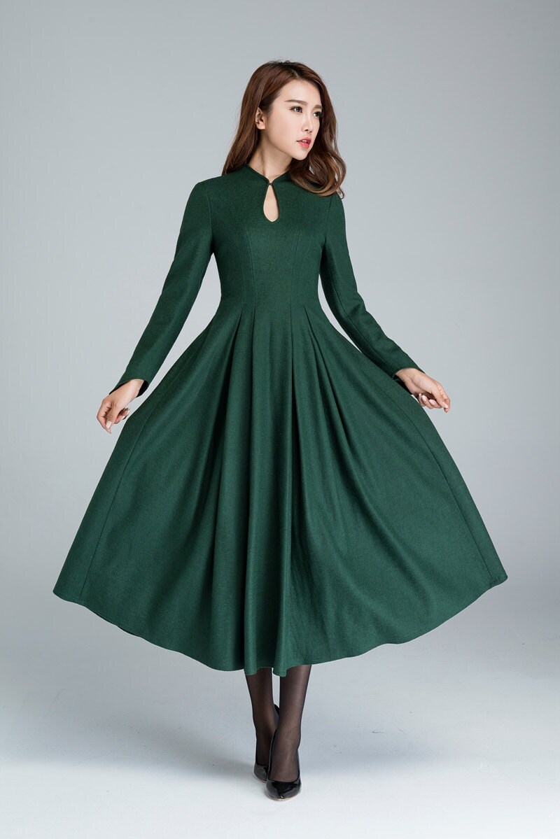 green wool dress elegant dressprom dress party dress maxi