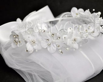 First Communion Veil Flowers Beads Tulle Headpiece