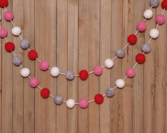 Valentine's Day Garland - Red, White & Pink, Valentines Day Decor, Valentines Day Banner, Valentines Day Bunting, Party, Pom Pom, Felt Ball