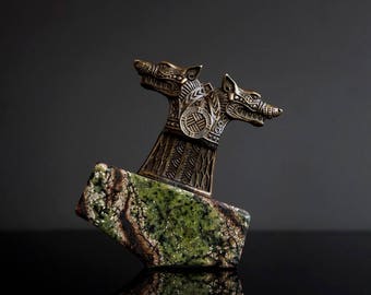 Wolf Necklace Odinism Thor Viking Jewelry Norse Mythology Geri and Freki Heathen Serpentine and Brass Mjolnir