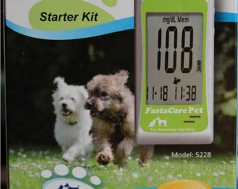 FastaCare Pet Blood Glucose surveillance système Starter Kit-mètre, piqueur, la Solution de contrôle, 10 bandelettes et lancettes, étui de transport