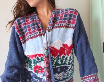 1970s FESTIVE Sweater.colorful. reindeer. retro. 1970s sweater. rad. fun. crop sweater. blue. gray. knit. christmas vacation. prep. nautical
