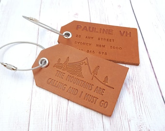 Leather Luggage Tag - The Mountain are Calling and I Must Go - Personalised Address Tag - Gifts for Men - Gifts for Travelers
