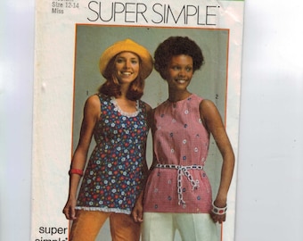 1970s Vintage Sewing Pattern Simplicity 5547 Super Simple Easy Tops Medium Bust 34 36 Size 12 14 1972 70s