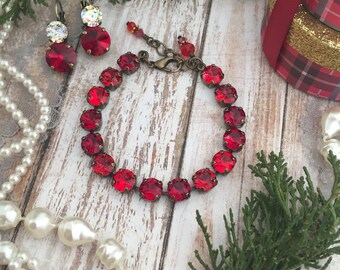 Ruby Red Crystal Tennis Bracelet Siam Swarovski Crystal Bracelet Ruby Rhinestone Tennis Bracelet Scarlet Red Christmas Bridal Jewelry JOYFUL