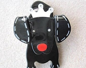 Quirky and Cute Black and White Lucite? and Crystal Dog Brooch