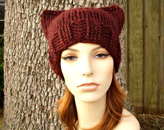 Burgundy Red Cat Beanie Chunky Knit Hat Womens Hat - Cabernet Red Knit Hat Red Hat Red Beanie Red Cat Hat Womens Accessories Winter Hat