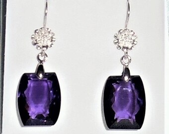 Natural 40 cts Cushion cut Purple Amethyst gemstones, Sterling Silver Pierced Earrings