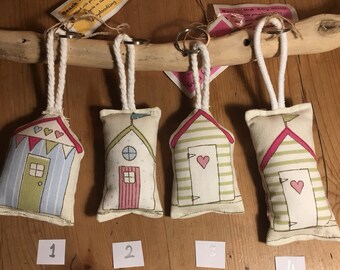 Beach Hut Keyring Key Fob Ring Fabric Padded Handmade Pink Blue Green Seaside Nautical Unique Gift
