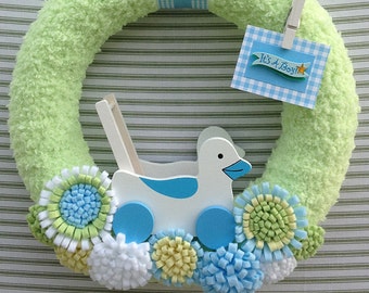 Baby Boy Wreath, It's A Boy Wreath, Gender Reveal Wreath, Baby Shower Wreath, Hospital Door Wreath, Yarn Wreath, Baby Nursery Wreath