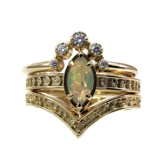 Stardust and Moon Phase Stacking Engagement Ring Set - Gold Celestial Fine Jewelry